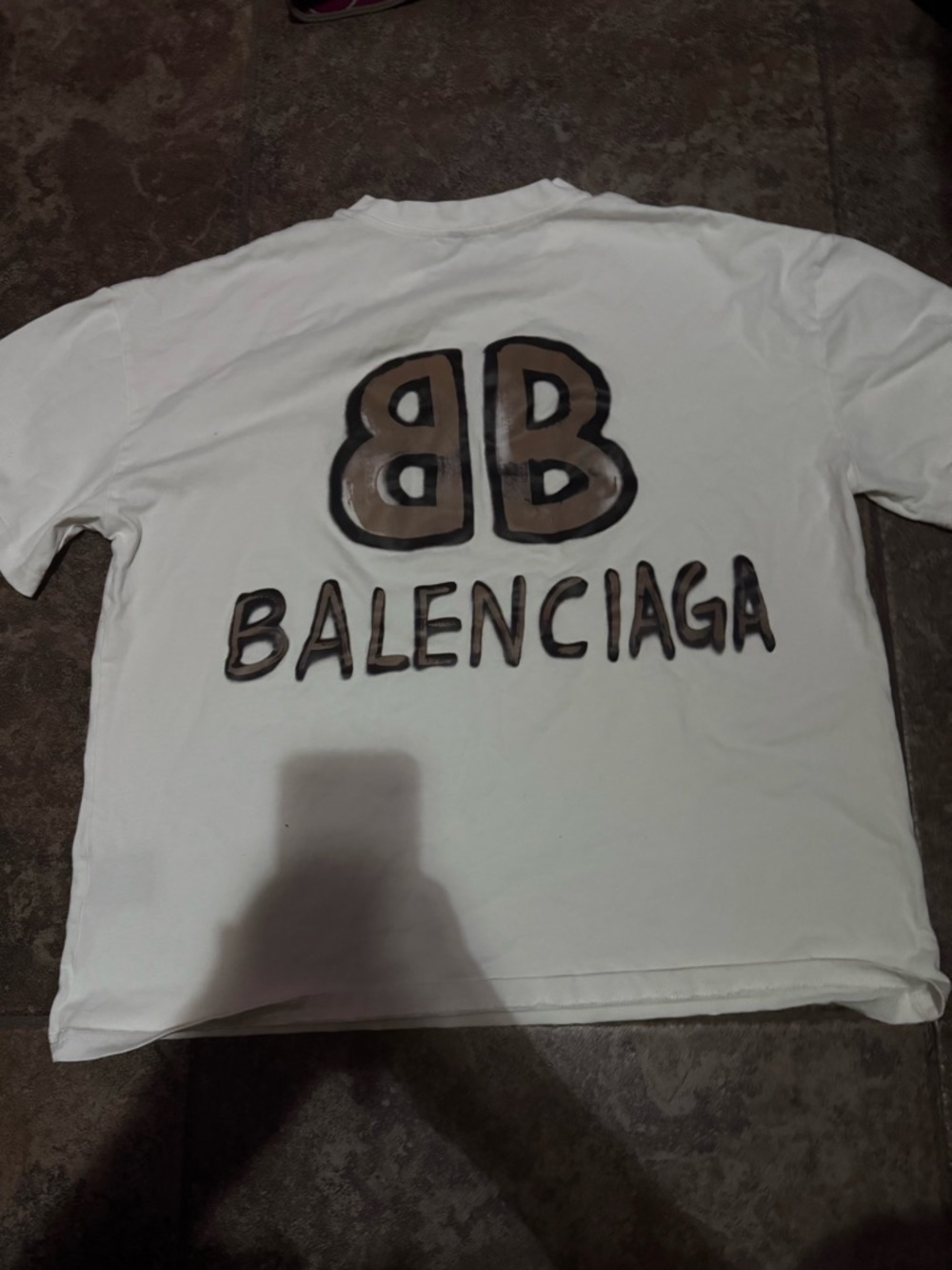 Balenciaga White T-Shirt with Brown/Black BB Graphic on Back.